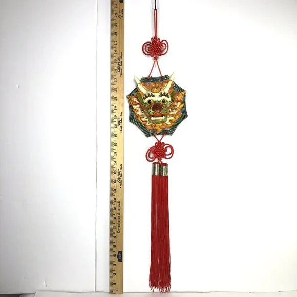 Chinese Yin Yang Dragon Hanging Plaque Pottery Red Tassels Guardian Feng Shui
